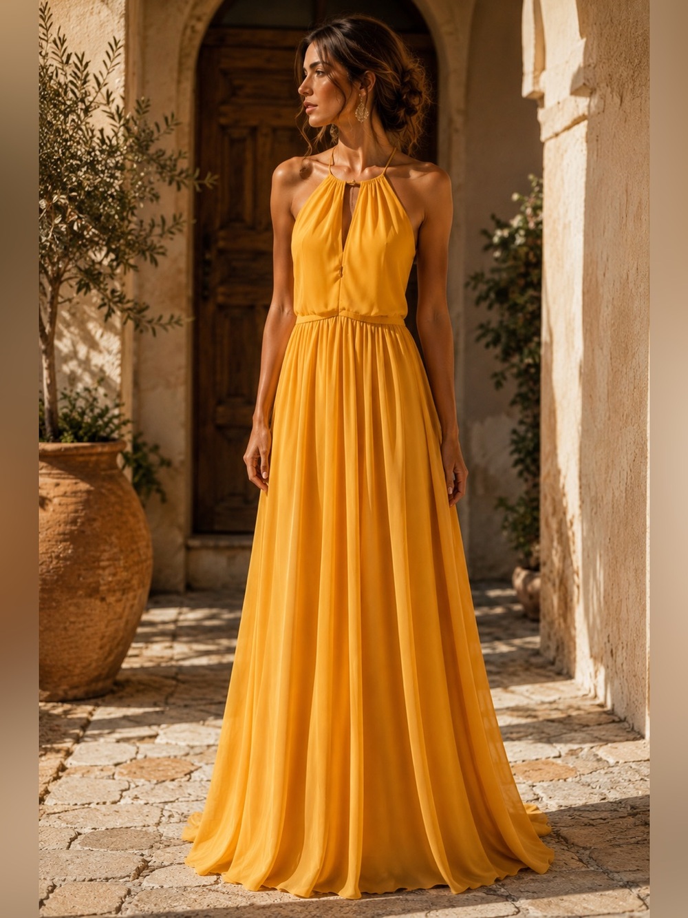Azazie Marigold A6 Bonnie Chiffon Halter Maxi Dress Formal Romantic Wedding